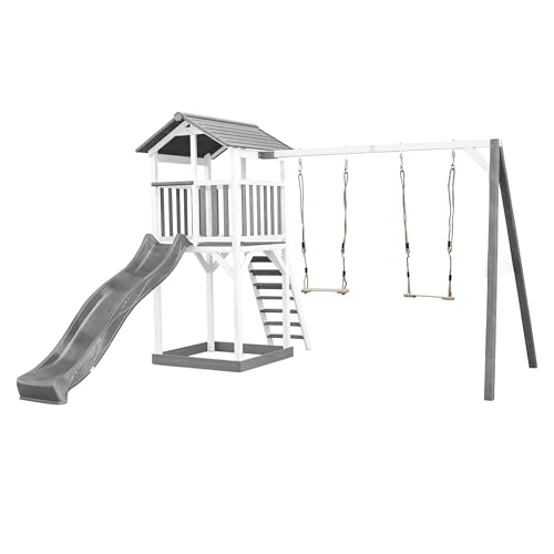 AXI Beach Tower parco giochi in legno in grigio e bianco | Torre di gioco per bambini con sabbiera, doppia altalena e