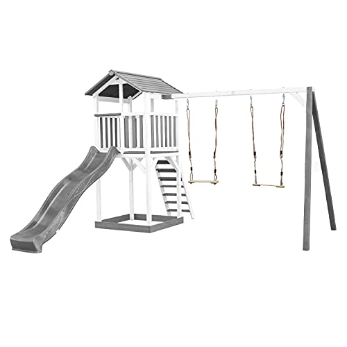 AXI Beach Tower parco giochi in legno in grigio e bianco | Torre di gioco per bambini con sabbiera, doppia altalena e
