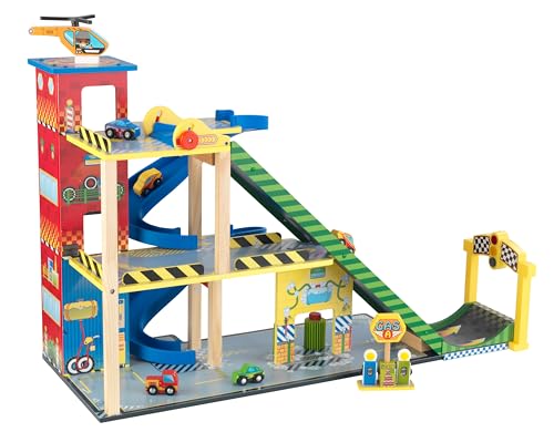 KidKraft Mega Ramp Garage in Legno, Piste Macchinine per Bambini, Giochi in Legno, Parcheggio Macchinine con Elicottero