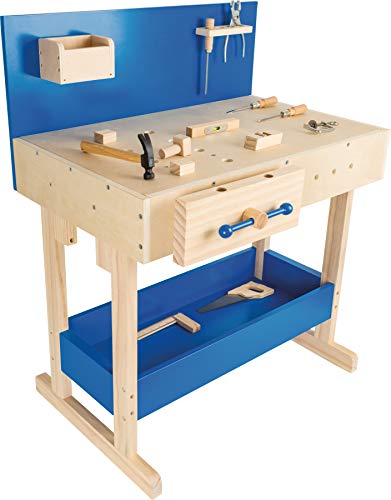 10839 Banco di lavoro per bambini con accessori small foot in legno naturale e blu, con grande piano di lavoro e