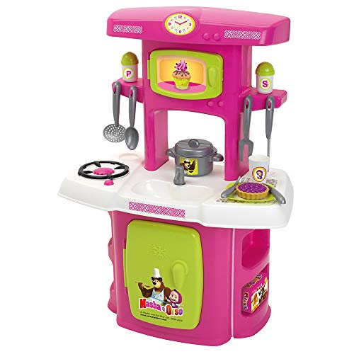 Smoby - Masha e Orso Prima Cucina, 7600001733, 18 Mesi, con Piano Cottura, Lavello, Frigorifero, Mensole e 14 Accessori