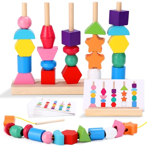 LEAZZLE Giochi Legno Bambini,2-in-1 Montessori Giocattoli Impilabili und Infilare, Giochi Bambino Forme Colori