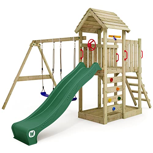 Gioco da giardino WICKEY MultiFlyer con tetto in legno, altalena e scivolo verde, struttura da esterno per bambini con