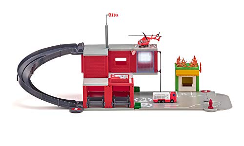 siku 5508, Stazione dei vigili del fuoco, Rosso, Set di adesivi incl., Plastica di qualità, Con luci e suoni, Camion