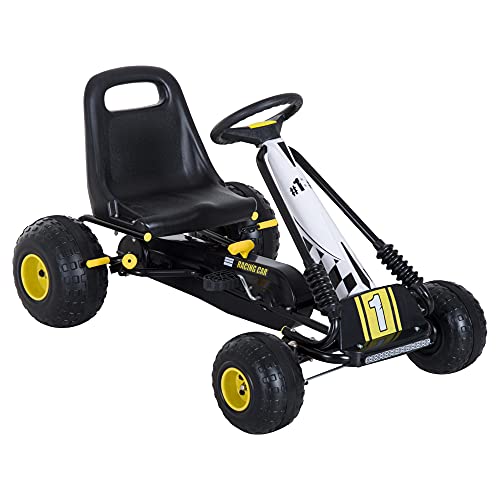 HOMCOM Go-Kart a Pedali per Bambini con Sedile Regolabile, Freno e Frizione, 95x66.5x57cm, Bianco Nero