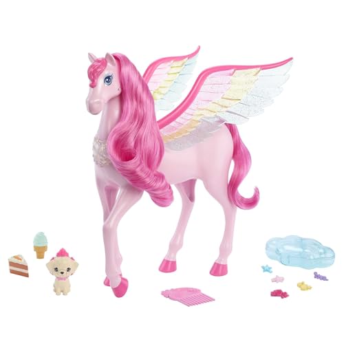 Barbie Un Tocco di Magia - Pegaso Rosa, pegaso magico cavallo alato con un cagnolino e 10+ accessori inclusi, criniera e