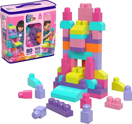 Mega Bloks Mattoncini Sacca Ecologica, Blocchi da Costruzione, Giocattolo per Bambini 1+ Anni, Rosa, 80 Pezzi, DCH62