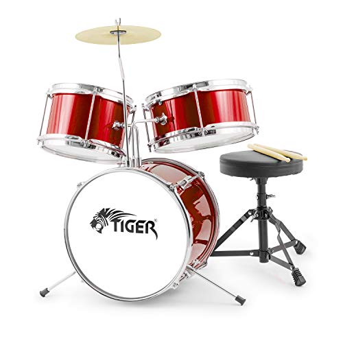 TIGER JDS7-RD Batteria per ragazzi 3 pezzi con rullante, tom, basso, pedale, piatti, bacchette e sgabello - colore rosso