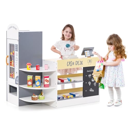 COSTWAY Negozio Alimentare per Bambini, Set di Giocattoli Supermercato in Legno con Cassa, Macchina POS, Distributore