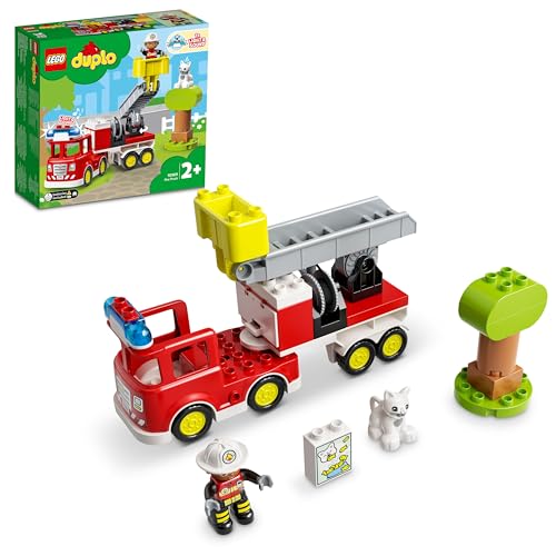 LEGO DUPLO Town Autopompa, Camion Giocattolo dei Pompieri con Luci, Sirena e Scala Mobile, Figure di Vigile del Fuoco e