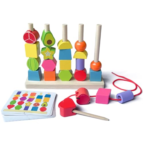 Giochi Legno Bambini, 2-in-1 Montessori Giocattoli Impilabili und Infilare, Giochi Bambino Forme Colori Geometriche