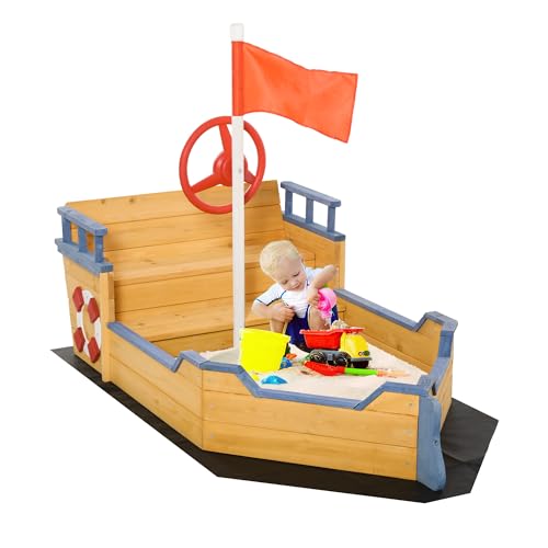 Outsunny Sabbiera per Bambini in Legno a Forma di Nave dei Pirati con Vano Contenitore, Gioco da Giardino 158x78x45.5cm