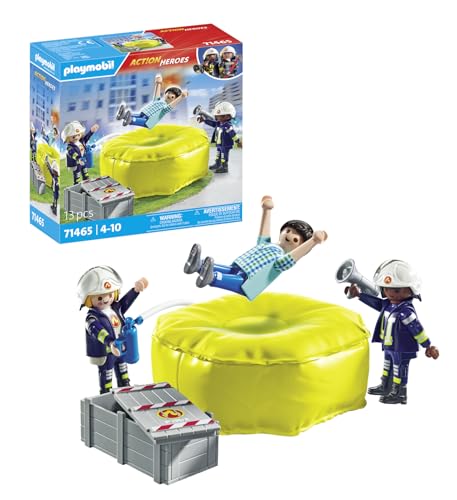 PLAYMOBIL Action Heroes 71465 Materasso di Salvataggio dei Pompieri, con caschi, Un megafono e Un estintore, Giochi di