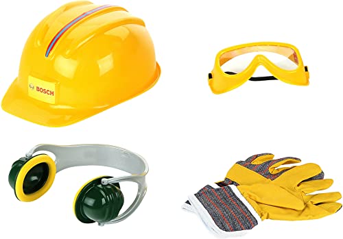 Theo Klein 8537 Set di Accessori Bosch, Guanti e Occhiali da Lavoro, Protezione per Le Orecchie e Casco, Tutto di