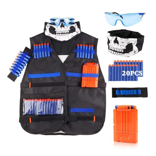 LUUFAN Kit Gilet Tattico per Pistole NERF con Clip di Ricarica Ricarica Freccette Fascia da Polso Maschera Tattica