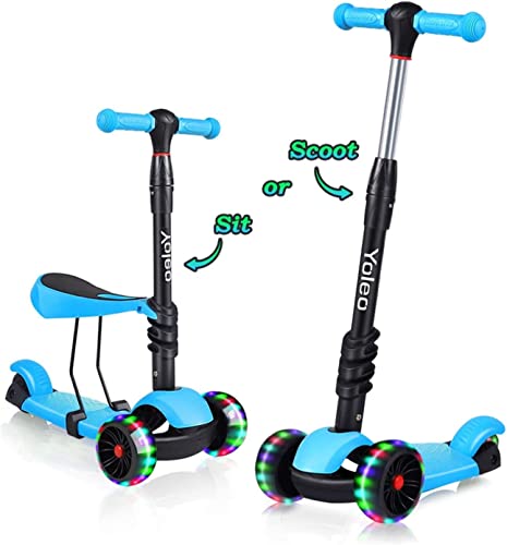 YOLEO Monopattino per Bambini 3-in-1, Monopattino 3 Ruote Lampeggianti in LED, Kids Scooter, Con Sedile