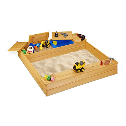 Relaxdays Sabbiera per Bambini con Vasca, Sandbox in Legno con Panchina, Vaschetta per Giocare, 125 x 120 cm, Naturale