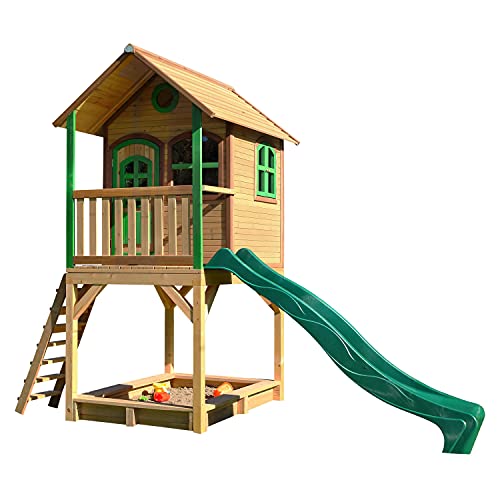 AXI Sarah Casa Bambini con pavimento, sabbiera e scivolo verde | Casetta da gioco per giardino/esterno in marrone e