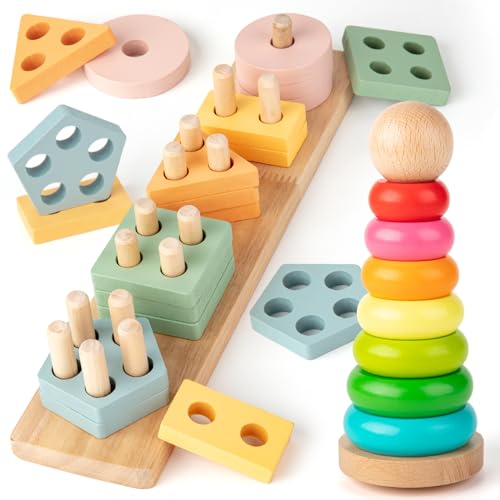 EFO SHM Montessori giocattolo per bambini, torre di impilamento in legno e puzzle, giocattolo per bambini, 1, 2, 3 anni