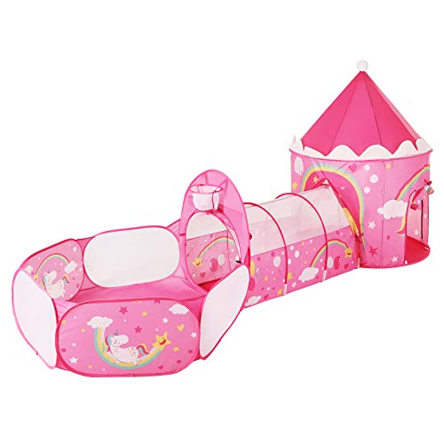 SONGMICS Tenda da Gioco 3 in 1, Tenda Pop Up per Bambini, con Casetta Tunnel e Piscina di Palline, a Tema Unicorno, Idea