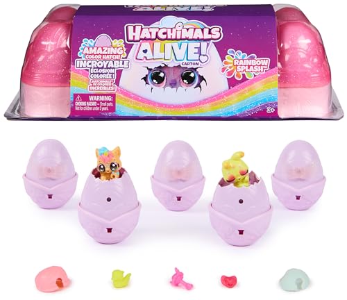 Hatchimals Alive, cartone di uova giocattolo Rainbow Splash con 5 mini personaggi in uova con colore a sorpresa e 10