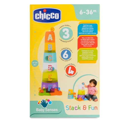 Chicco - Gioco Impilabile Torre con Palline, 6 Tazze Impilabili e 4 Palline, Base con Puzzle, Effetto Sorpresa, 6-36