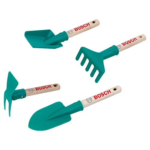 Theo Klein 2735 Bosch Set di attrezzida giardino, Include vanga, rastrello, pala e zappa, Occhiello per l'aggancio,