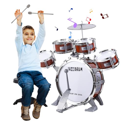 Hilifexll Batteria per Bambini, Giocattoli Batteria Jazz per Bambini 5 tamburi con Sgabello, Strumenti Musicali Bambini