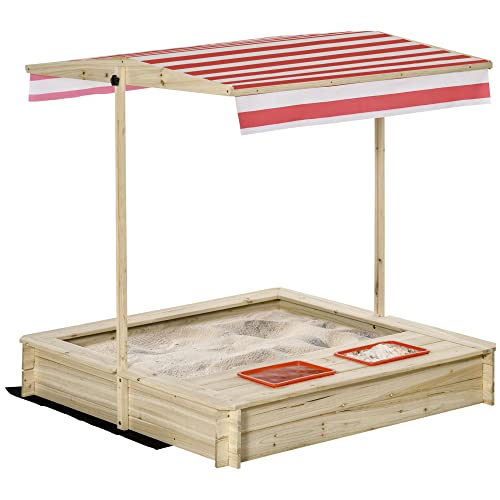 Outsunny Sabbiera per Bambini 3-8 Anni in Legno con Tettuccio Regolabile e Sedili, Gioco da Giardino con 2 Bacini, 118 x