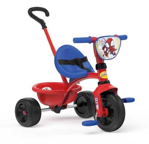 Smoby - Triciclo Spidey, 7600740337, 15 mesi, evolutivo, con asta parentale, licenza ufficiale Spidey, con cintura di