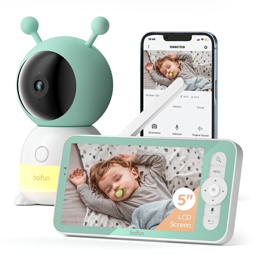 BOIFUN Baby Monitor Video, Display 3MP da 5 Pollici & 360° Telecamera Con Luce Notturna, APP Mobile & Monitor LCD,