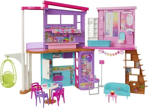 Barbie - Barbie Casa di Malibu (106 cm) playset casa delle Bambole con 2 Piani, 6 stanze, Ascensore Altalena e più di