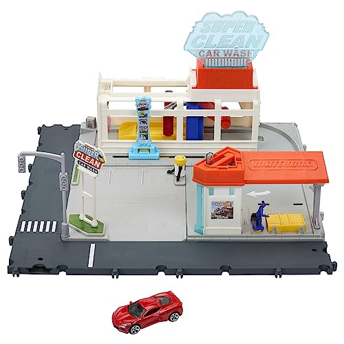 Matchbox - Autolavaggio Playset per macchinine, luci e suoni realistici, collegabile ad altri set, con 1 macchinina