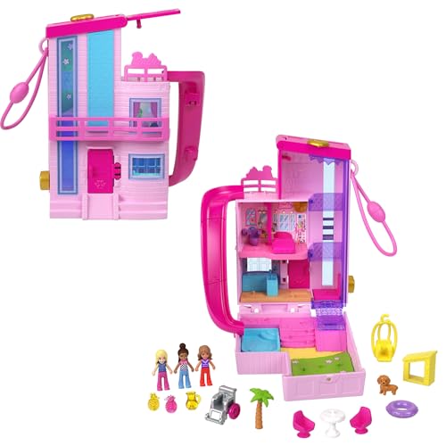 Polly Pocket - Cofanetto Casa dei Sogni di Barbie, playset casa delle bambole con 3 micro bambole, 1 cucciolo e 11