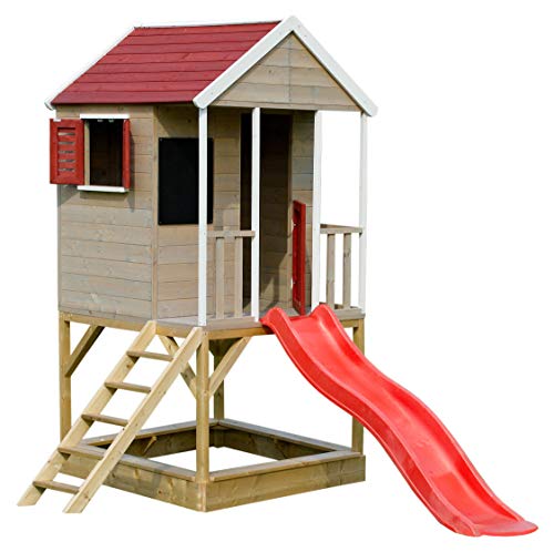 Casetta per bambini in legno sulla piattaforma | Casa di avventura estiva per bambini con scivolo, scala, balcone,