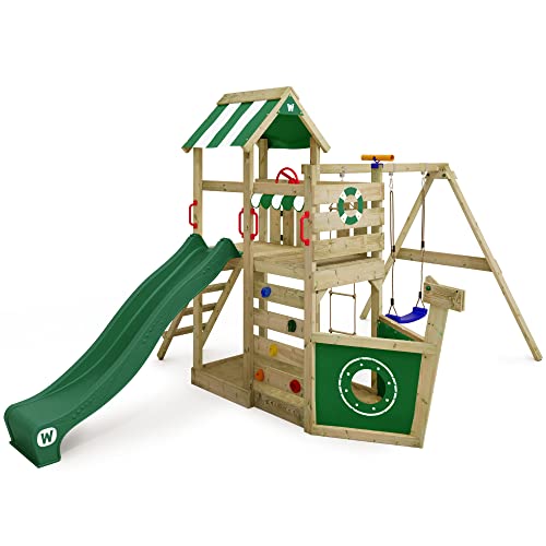 Gioco da giardino WICKEY SeaFlyer con altalena e scivolo verde, struttura da esterno per bambini con sabbiera, scaletta