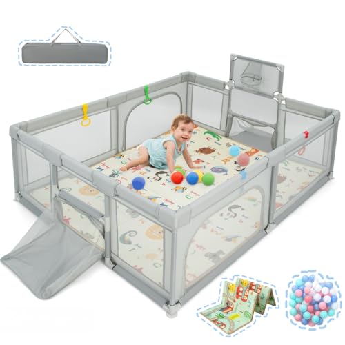 LIFEZEAL Recinto Neonato con Tappeto Gioco Bambini Pieghevole, Box Bambini con Materassino in Tessuto e Rete