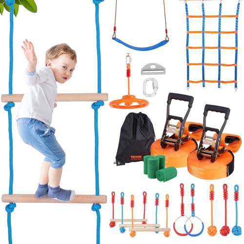 VEVOR Ninja Kit per Bambini Slackline da Arrampicata Percorso a Ostacoli 2x17 m Carico 226,8 kg 12 Ostacoli Attrezzatura