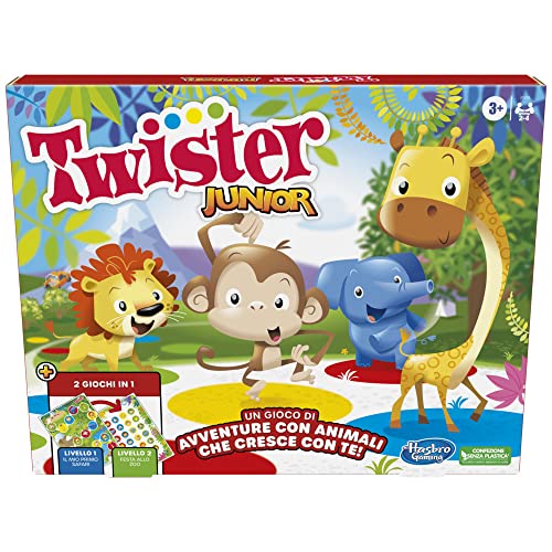 Twister Junior, gioco in scatola Hasbro Gaming, tappetino da gioco fronte-retro, 2 giochi in 1, gioco da festa per