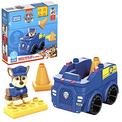 Mega Bloks-Paw Patrol Auto della Polizia di Chase, 10 Blocchi da Costruzione Incluso Personaggio di Chase Snodato,