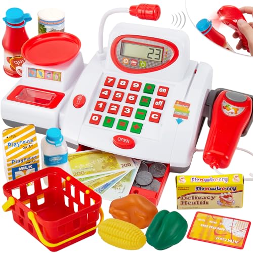 BUYGER Elettronico Registratore di Cassa Supermercato Giocattolo con Bilancia Microfono Scanner Cibo Finto, Gioco