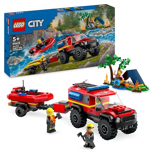 LEGO City Fuoristrada Antincendio e Gommone di Salvataggio, Camion dei Pompieri Giocattolo per Bambini e Bambine da 5