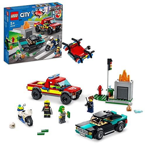 LEGO City Soccorso Antincendio e Inseguimento della Polizia, Camion Pompieri Giocattolo con Auto e Moto, Giochi per