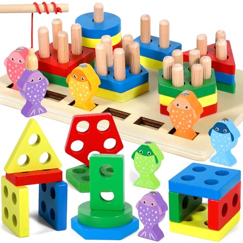 GUHAOOL Giocattoli per Bambini Montessori, 2 in 1 Forme Geometriche Ordinamento e Impilamento Block Board con Gioco di