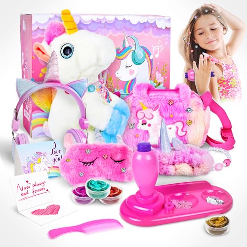 Joellfuner Unicorno Peluche, Unicorno Bambina Regalo, Unicorno Giocattoli Set con Borsetta, Cuffie Unicorno, Bracciale