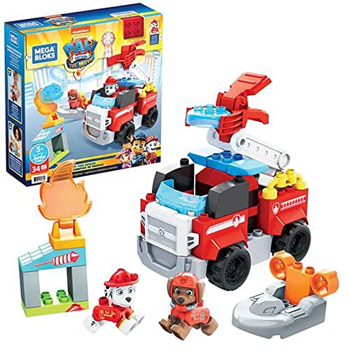 Mattel Games, Mega Bloks PAW Patrol Marshall's City Fire Rescue, 33 Mini Building Blocks, Marshall and Zuma Figures,