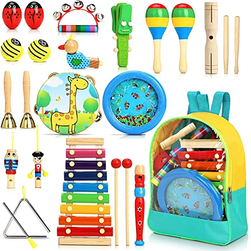 Jojoin Strumenti Musicali Bambini, 24 Pezzi Percussioni per Bambini con Borsa,Tamburo Perline Oceaniche, La Maggior