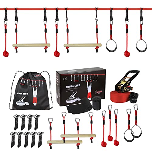 ALPIDEX Ninja Set 15 m Slackline Giovani Adulti Anelli Nodi Corda Percorso Sospeso Ostacoli