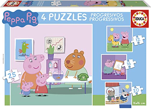 Educa - Puzzle progressivi di Cartone per Bambini | Peppa Pig. Dimensioni: 40 x 28 cm. 4 Puzzle da 12 a 25 Pezzi. da 3