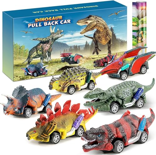 Jojoin Dinosauri Macchinine Giocattolo per Bambini - 6 Pezzi Dinosauro Giocattolo Tirare Indietro Auto con Tappetino
